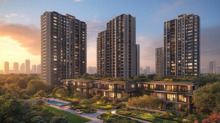 Obraz premium Modern residential buildings surrounded by greenery at sunset.