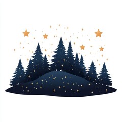 Fototapeta premium Illustrative scene featuring a dark pine forest set against a starry night sky, perfect for conveying a sense of wonder and magic in winter-themed graphics.