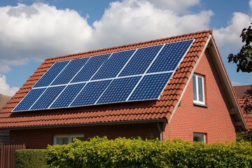 Fototapeta premium Solar Panels Installed on a Modern House Roof Under a Partly Cloudy Sky During Daylight Hours