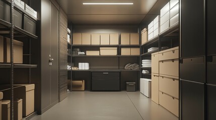 A Modern Storage Room with Metal Shelving and Cardboard Boxes
