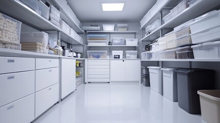 White Organized Storage Room with Plastic Containers and Drawers