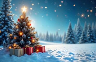 Obraz premium Festive digital image shows decorated Christmas tree in snowy landscape. Gifts lie beneath tree. Scene evokes peaceful winter holiday spirit. Christmas tree decorated with lights, ornaments. Winter