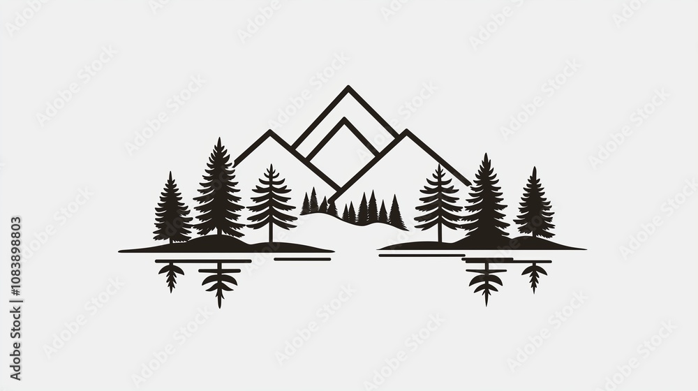 Poster minimalist line art of mountains and trees in black and white