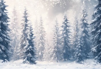 Fototapeta premium Serene Winter Forest with Snowy Evergreens for Holiday Wonderland Themes