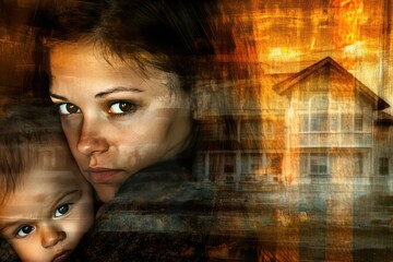 Concerned Mother with Child and Foreclosure Background