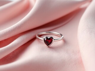 silver ring with heart shaped red gemstone on pink flowing smooth fabric cloth background for valentines day love couple.