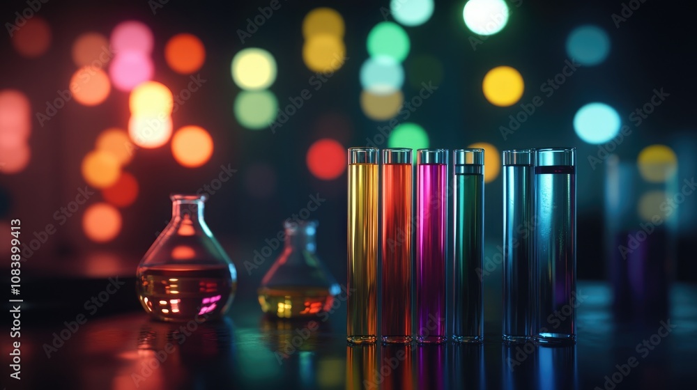 Poster here's a possible and keyword list for your stock photo.. colorful liquids in test tubes and flasks 