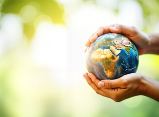 Hands hold earth globe gently. Nature blurred background. Eco concept. Global community cares for planet. Sustainable development, eco-friendly life shown. Giving back to environment. Image