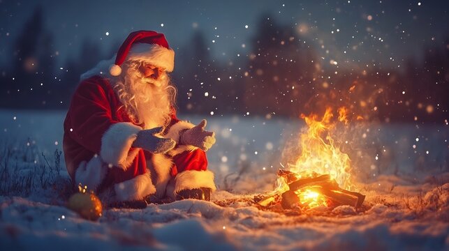 Santa Claus Warming Hands by Crackling Fire in Snowy Winter Landscape