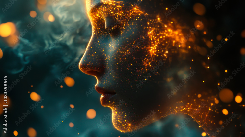 Poster a glowing silhouette of a woman with sparkling particles creating a mesmerizing effect against a dar