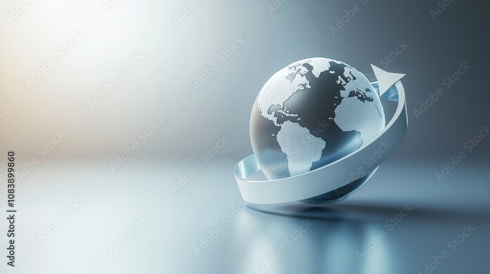 Poster abstract representation of a rotating globe with an arrow, symbolizing global connectivity, travel, 