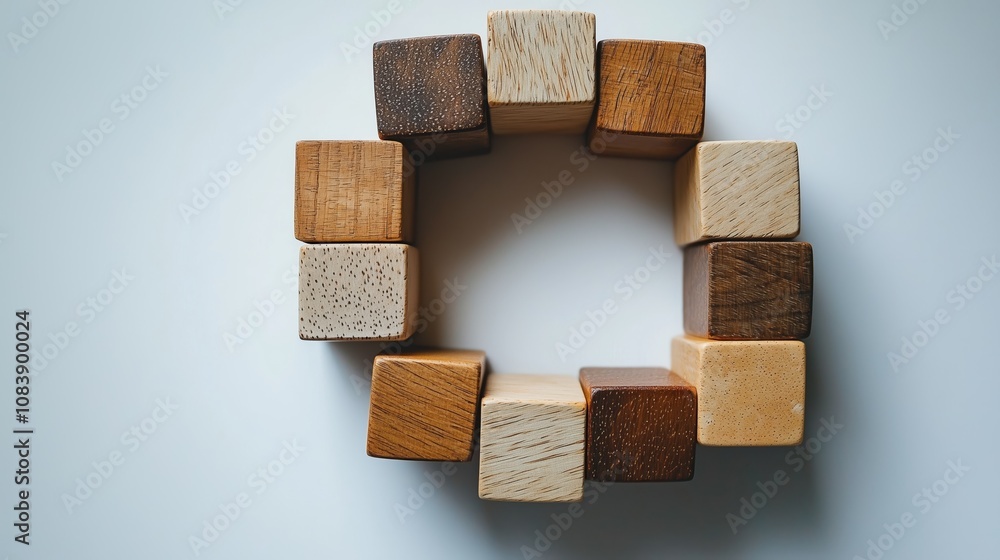 Poster Creative Arrangement of Wooden Blocks Forming a Circular Pattern on a Light Background for Use in Design and Educational Content