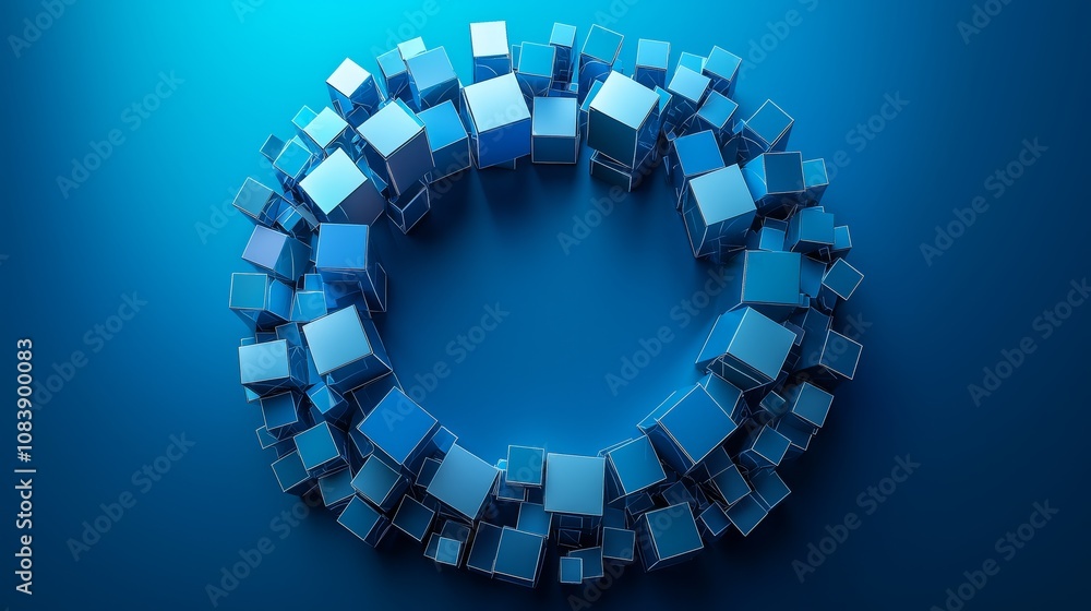 Poster abstract 3d composition of blue cubes forming a circular structure, showcasing depth and dimension a