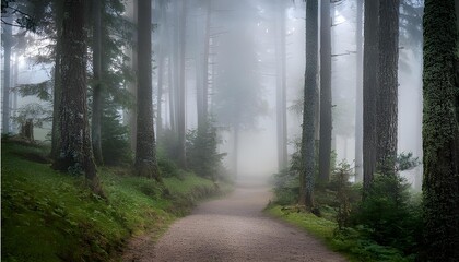 Fototapeta premium Mystical Forest Path: A winding path disappears into a dense, misty forest, shrouded in an ethereal glow. The towering trees create a sense of mystery and wonder.