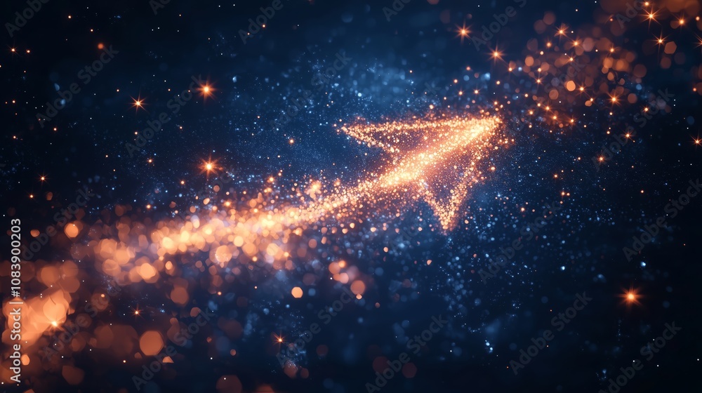 Poster sparkling arrow in motion with light trails and bokeh effect, cosmic background of stars and particl
