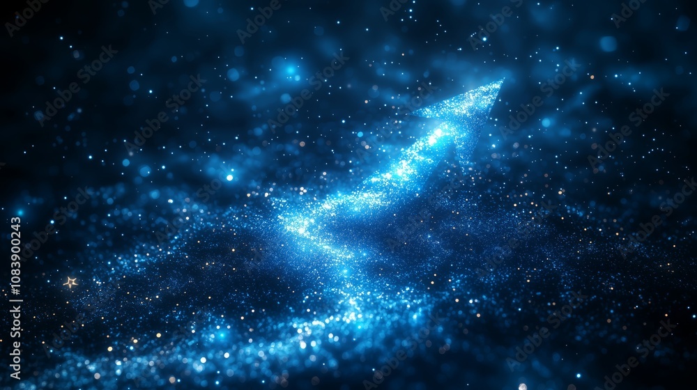Poster Abstract cosmic background with sparkling stars and luminous particles forming an upward pointing arrow in a deep blue space setting, symbolizing progress and aspiration