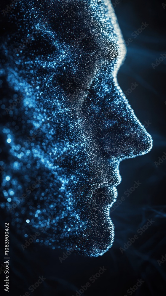 Poster abstract representation of a human face made of shimmering particles and light.