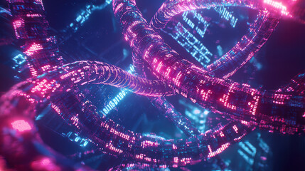 Intricate Visualization of Interwoven Human DNA Strands with Futuristic Glowing Effects and High Scale Details for Scientific and Digital Art Use