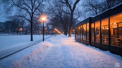 serene winter evening in a snowy park with warm lighting
