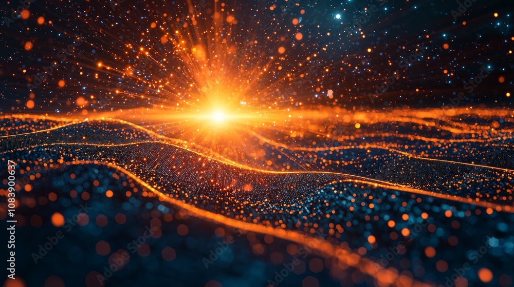 Poster a stunning visualization of deep space with glowing particles and radiant light creating an abstract