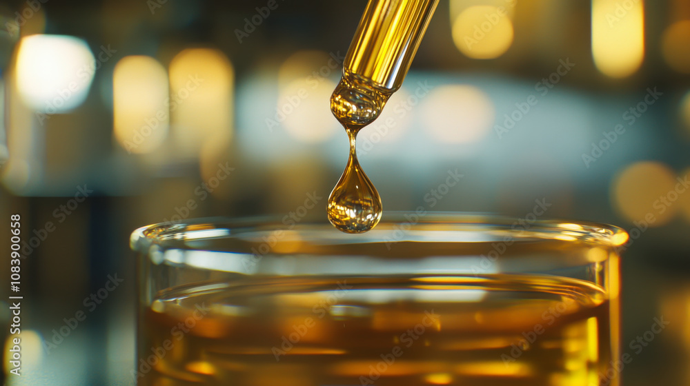 Poster droplet of liquid falling from a pipette into a beaker in a laboratory setting, illuminated by warm 