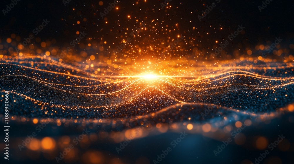 Poster abstract digital landscape with shimmering orange and blue particles creating a mesmerizing wave eff