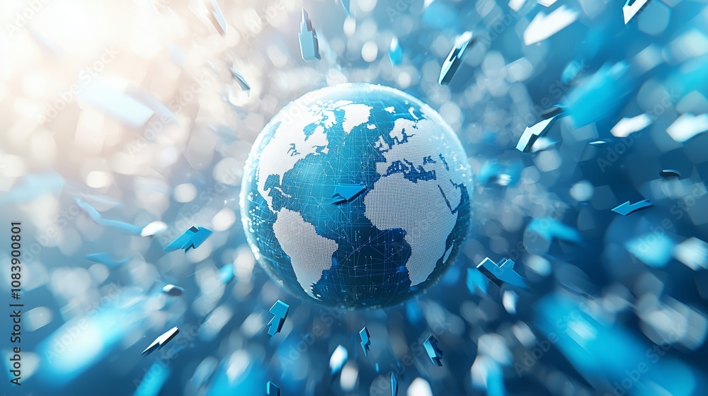 Poster dynamic representation of earth surrounded by speeding arrows, symbolizing global connectivity, adva