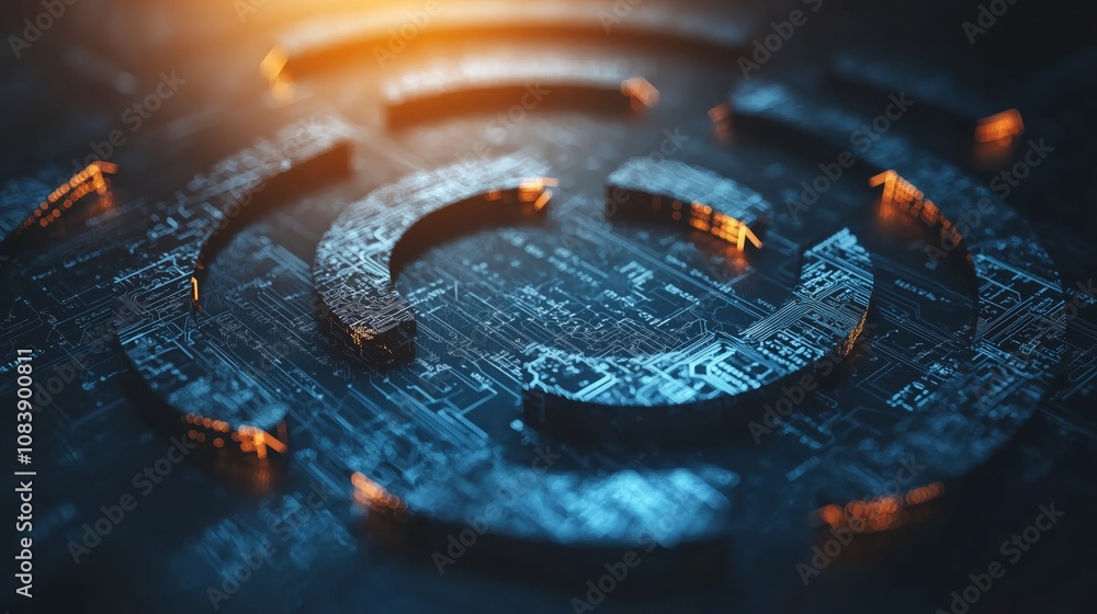 Poster futuristic digital circuit design featuring a glowing abstract pattern on a dark textured surface, s