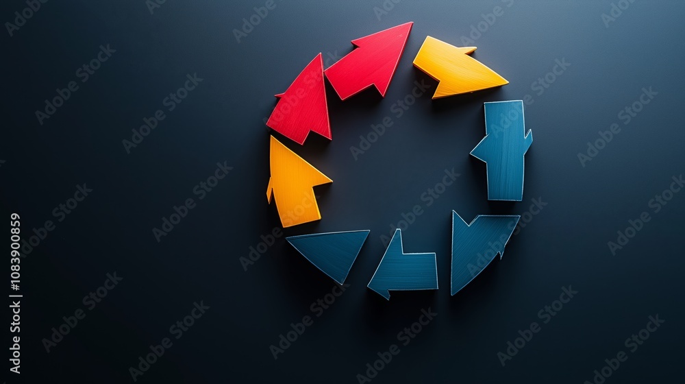 Poster colorful arrow shapes forming a circular pattern on a dark background, symbolizing progress, directi