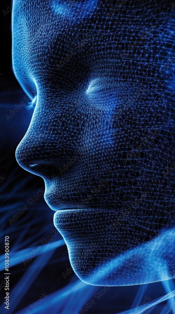Poster a digital representation of a human face composed of blue binary patterns.