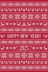 Happy New Year 2025 knitted pattern. Scandinavian style with deer, snowflakes, fir. Design for sweater, wallpaper, greeting card. Knitting effect background. Red and white colors. Vertical orientation