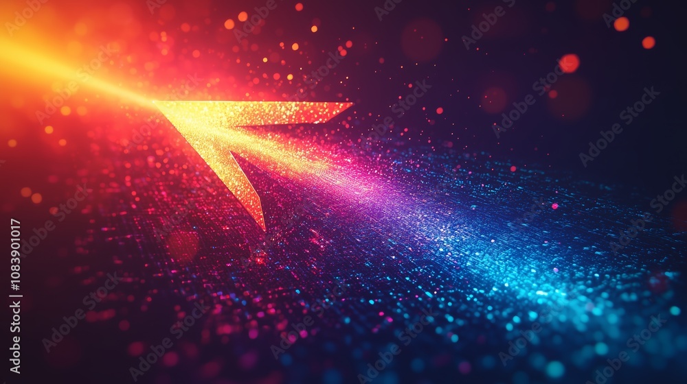 Poster abstract digital design featuring vibrant rays of light and colorful sparkles in shades of orange, p
