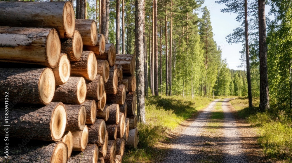 Poster forest path with stacked logs