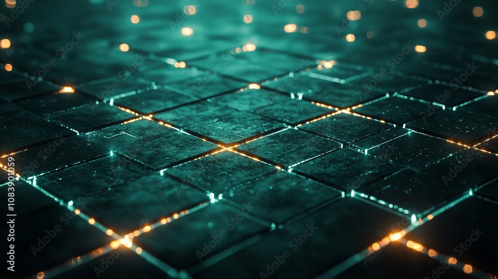 Poster abstract shiny grid surface with glowing light reflections, featuring a futuristic and high-tech the