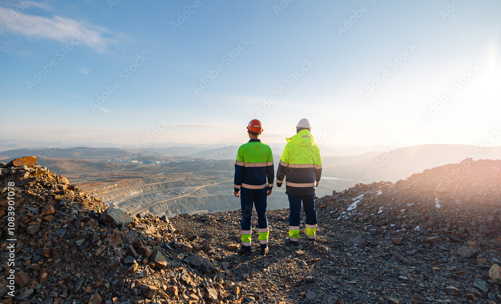 Fototapete Engineers mine workers in open pit of ore, back view. Concept work process of industry quarry.