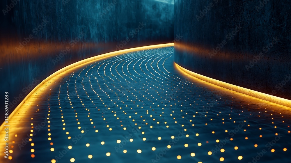 Poster Illuminated Pathway with Blue and Yellow Lighting in Modern Architectural Setting for Abstract and Contemporary Design Concepts