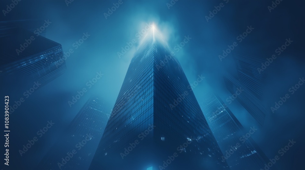 Poster dramatic view of skyscrapers surrounded by fog and illuminated by distant light, emphasizing urban a
