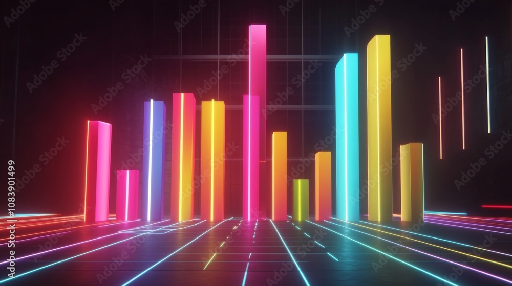 Aufkleber Colorful Neon Bar Graph in a Futuristic Setting with Bright Lighting and Dynamic Shapes Illustrating Data Visualization and Modern Digital Aesthetics