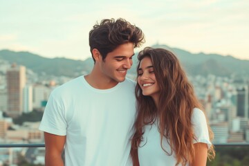 Diverse couple enjoying soft evening light on a balcony with cityscape and mountains in the background