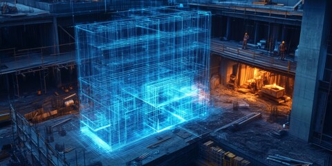 Digital Blueprint Hologram - Holographic projection of building blueprints on a construction site,space for text