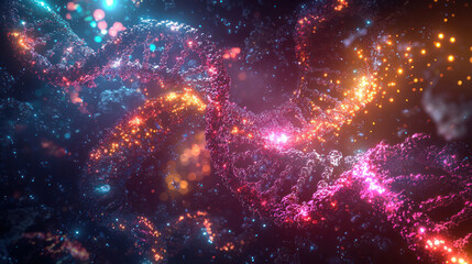 Abstract Representation of DNA Strands with Colorful Side Composition Featuring Glowing Lights and Dynamic Elements in a Virtual Environment