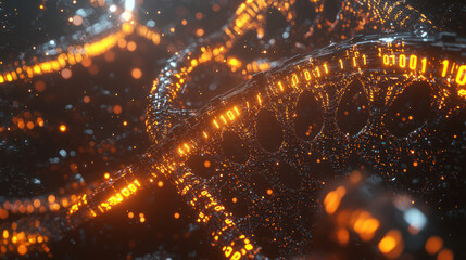 Abstract Visualization of DNA Strands with Glowing Elements and Digital Patterns, Representing Genetic Information in a Futuristic Environment