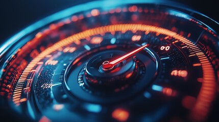 Obraz premium Neon Speedometer Close-Up with Bright Red Needle and Glowing Orange Backlight, Showcasing High-Tech Instrumentation for Modern Vehicles and Futuristic Designs