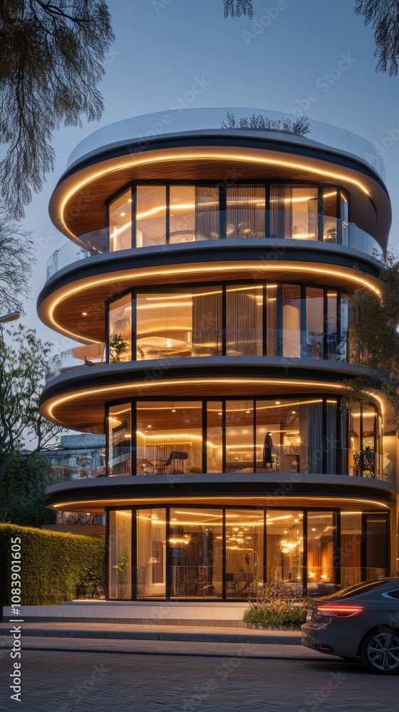 Poster here's a description and keywords for your image.. modern circular building with illuminated windows
