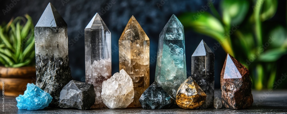 Poster a collection of various crystals and minerals displayed on a surface with greenery in the background