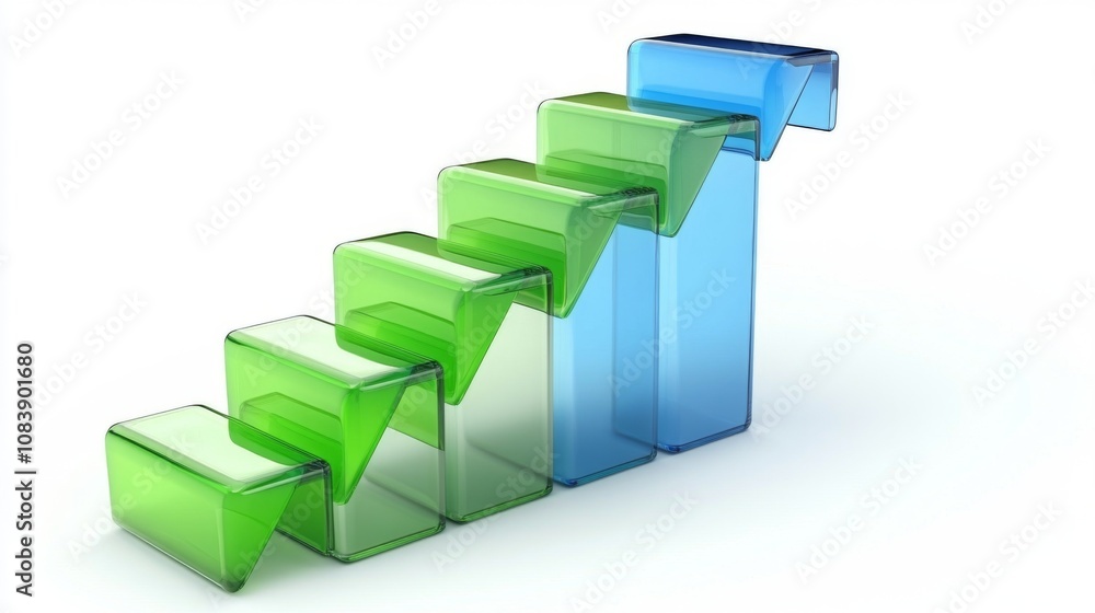 Poster abstract three-dimensional representation of an ascending bar graph in vibrant green and blue colors