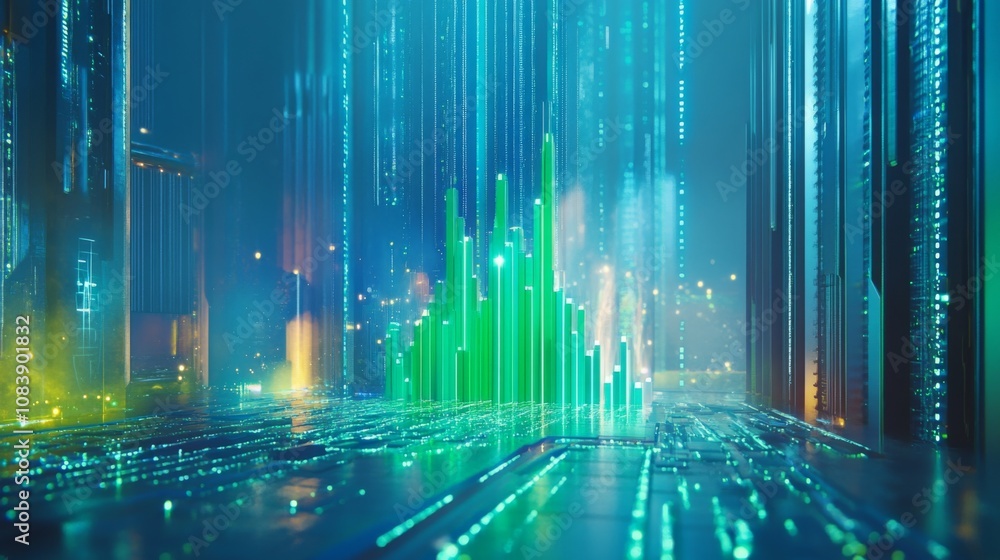 Poster futuristic digital landscape featuring vibrant data visualizations and abstract cityscape with neon 