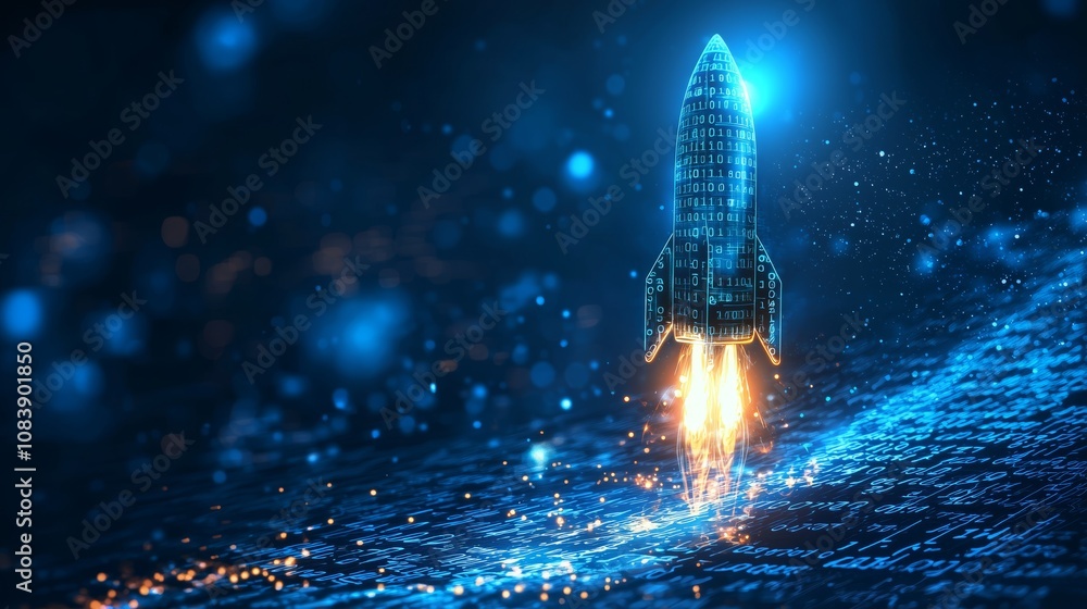 Poster futuristic rocket launch with binary code and glowing elements in a dark space, symbolizing technolo