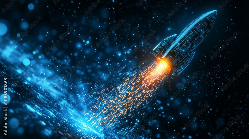 Poster futuristic rocket launching in a computer-generated space scene with digital particles and glowing l