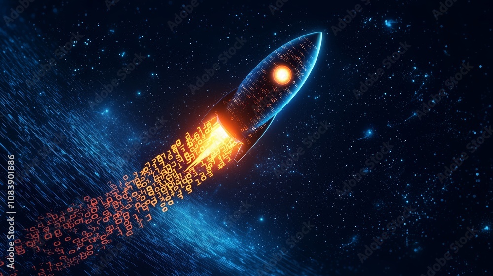 Poster digital rocket launching into space with streaming binary code illuminating the night sky, symbolizi
